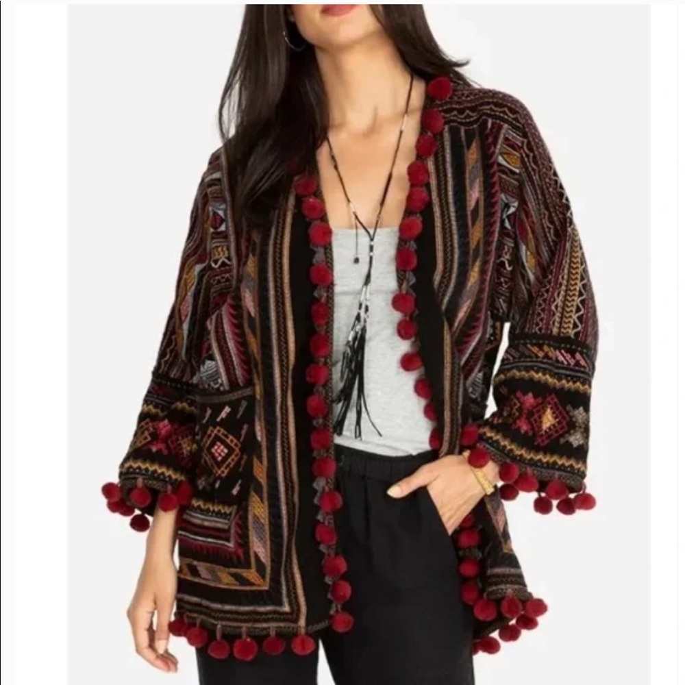 BIYA by Johnny Was Embroidered Zola Pom Pom Kimono Jacket XS (fits sizes 4-8)